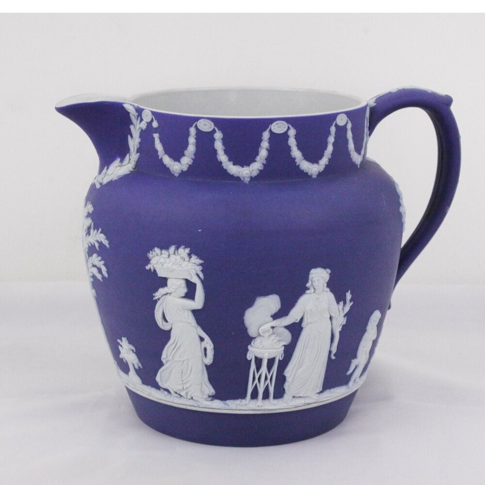 Antique Wedgwood Jasperware Dutch jug 6”, 1906 dark cobalt blue pitcher